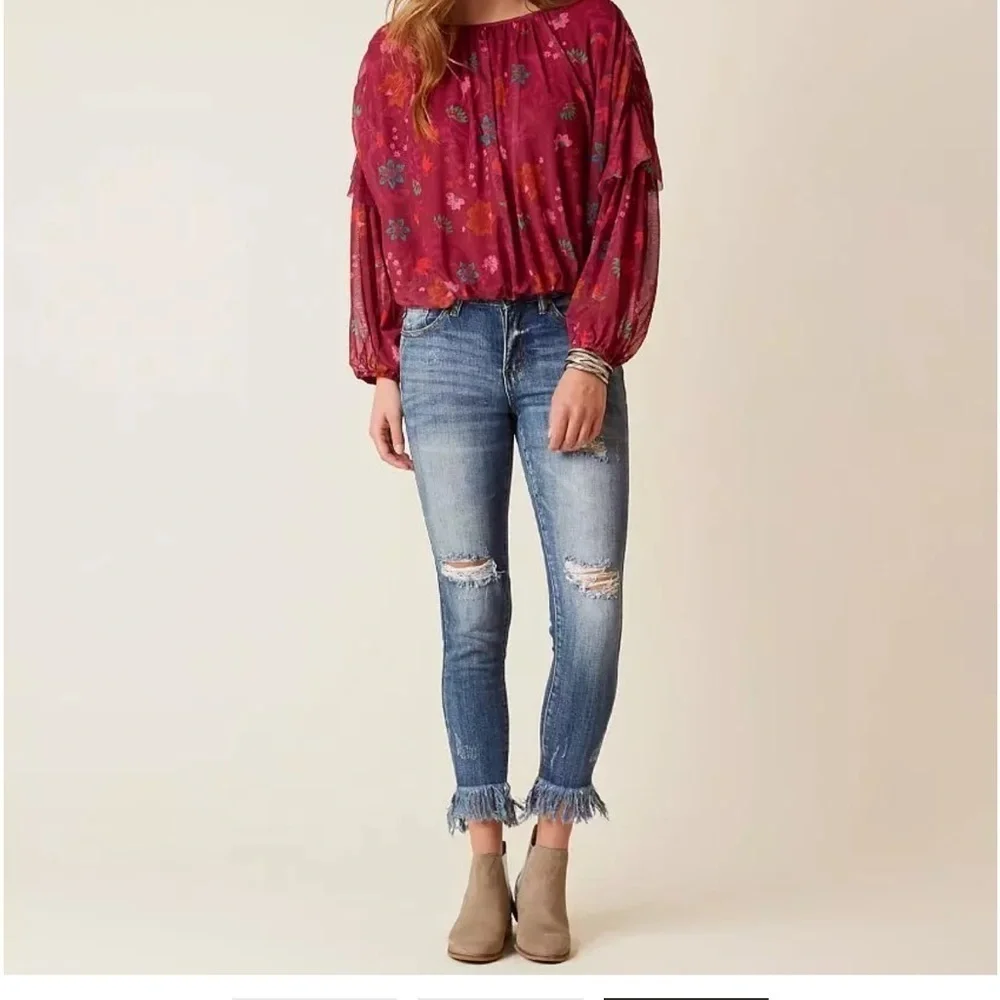 Free People Burgundy M Floral Wildflower Honey Peasant Blouse NWT